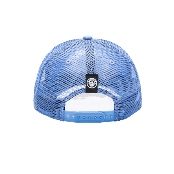Manchester City Pride Trucker with mid crown, curved peak brim, mesh back, and snapback closure, in Light Blue