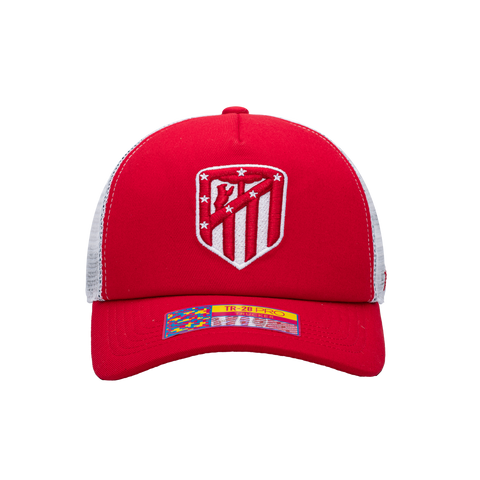 Front view of the Atletico Madrid Fog Trucker Hat in Red, with high crown and curved peak.