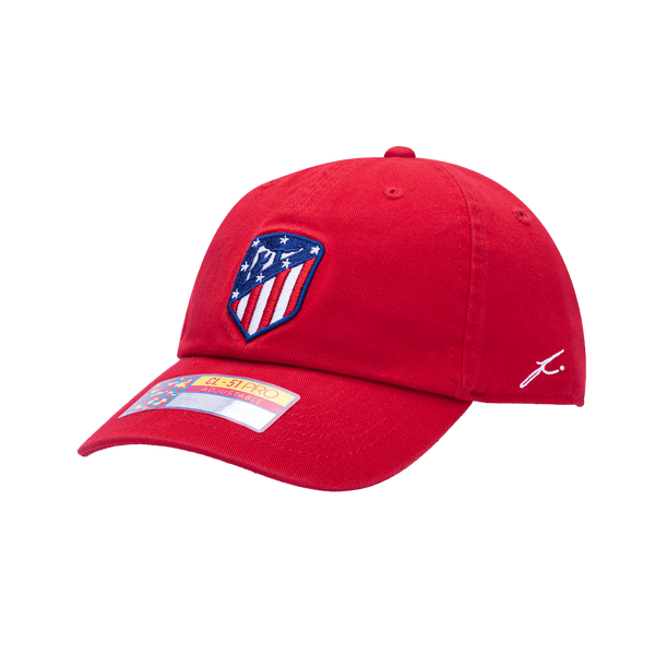 Side view of Atletico Madrid Bambo Classic with low unstructured crown, curved peak brim, and buckle closure, in red.