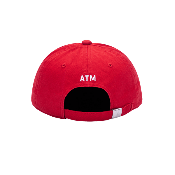 Back view of Atletico Madrid Bambo Classic with low unstructured crown, curved peak brim, and buckle closure, in red.
