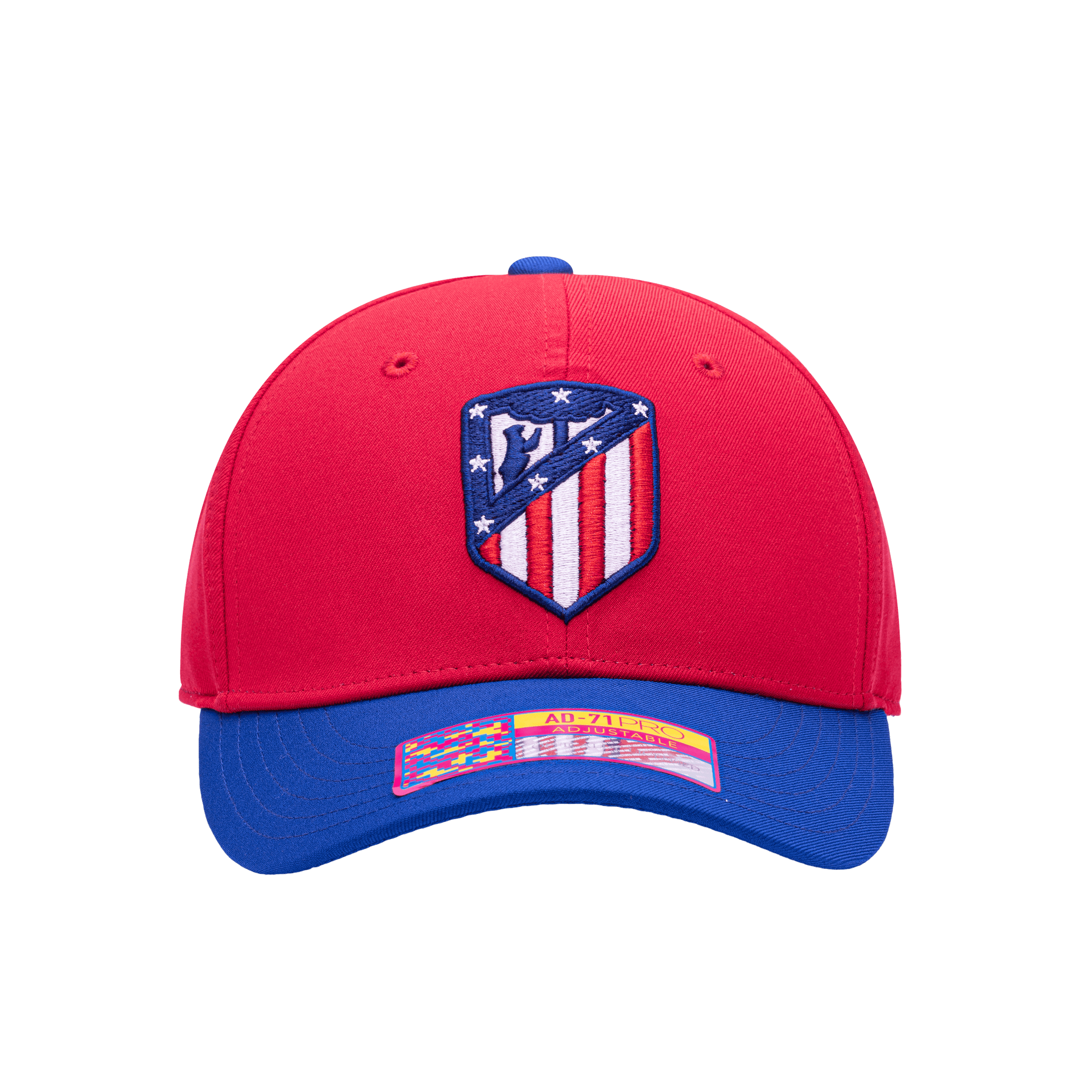 Front view of the Atletico Madrid Core Adjustable hat with mid constructured crown, cruved peak brim, and slider buckle closure, in Red/Blue.