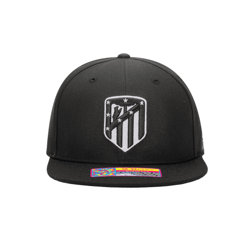 Front view of the Atletico Madrid Hit Snapback with high crown, flat peak brim, and snapback closure, in black.