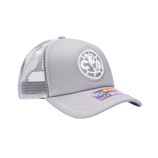 Side view of the Club America Fog Trucker Hat in Grey/White, with high crown, curved peak, mesh back and snapback closure.