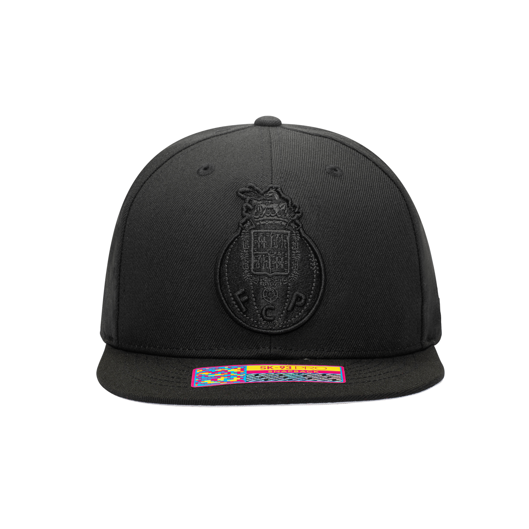 Front view of the FC Porto Dusk Snapback Hat in Black with high crown and flat peak.