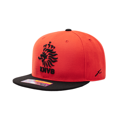 View of left side of Orange Netherlands Team Snapback Hat  with Fi stitching on the side