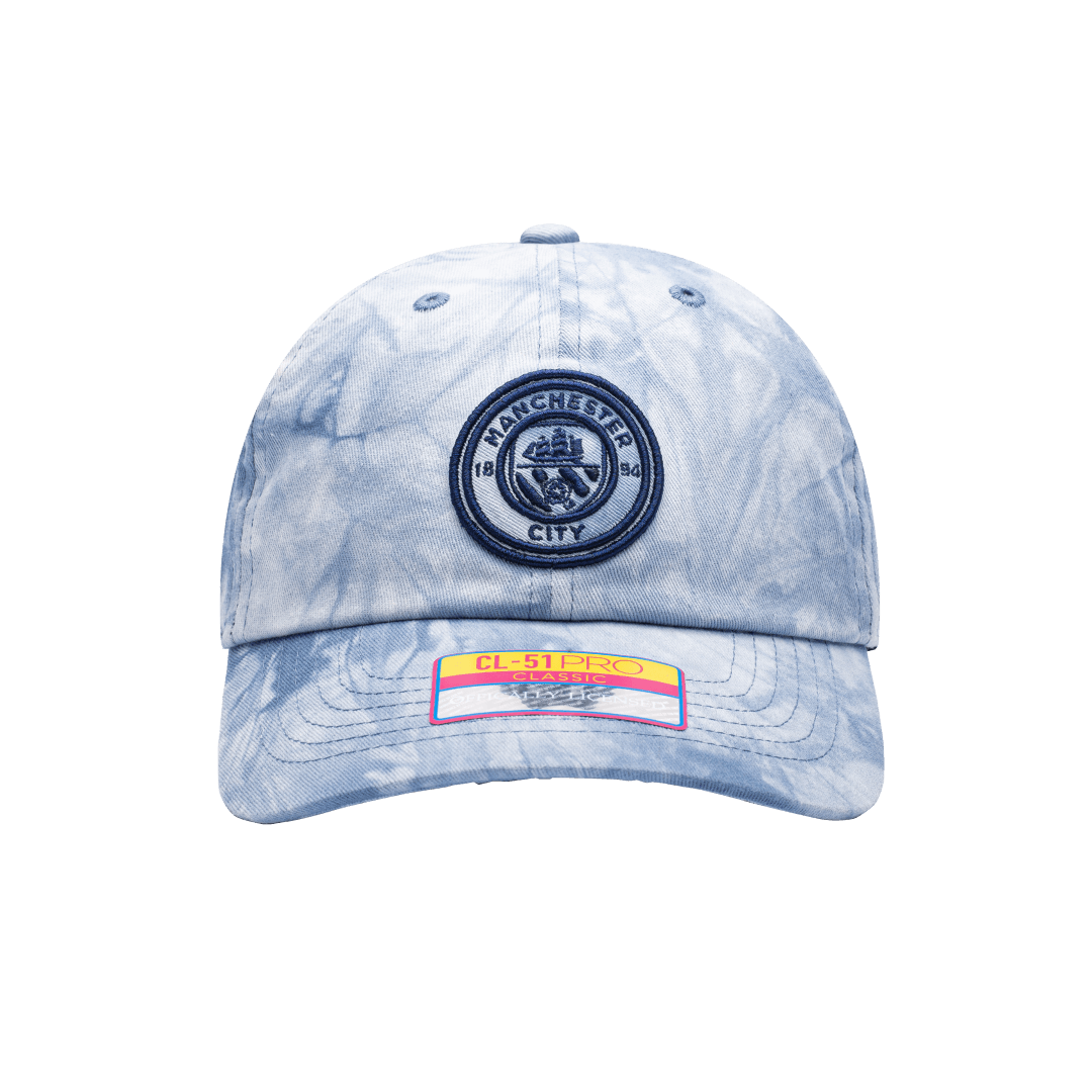 Manchester City Bloom Classic Adjustable in unstructured low crown, curved peak brim, and adjustable flip buckle closure, in Light Blue