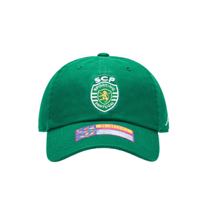 Front view of the Sporting Clube de Portugal Bambo Classic hat with low unstructured crown, curved peak brim, and buckle closure, in green.